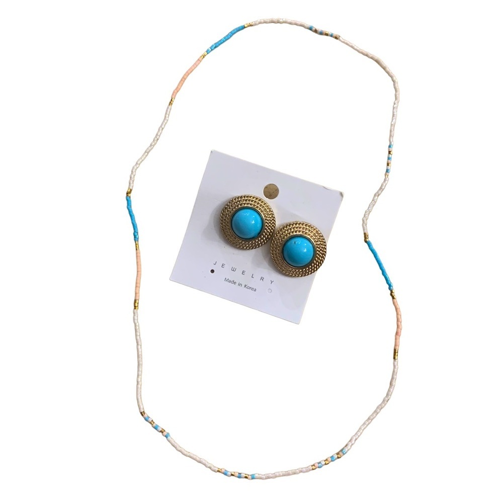 3-Piece Earrings & Necklace Set Gold Turquoise Teal Ocean New Statement Jewelry